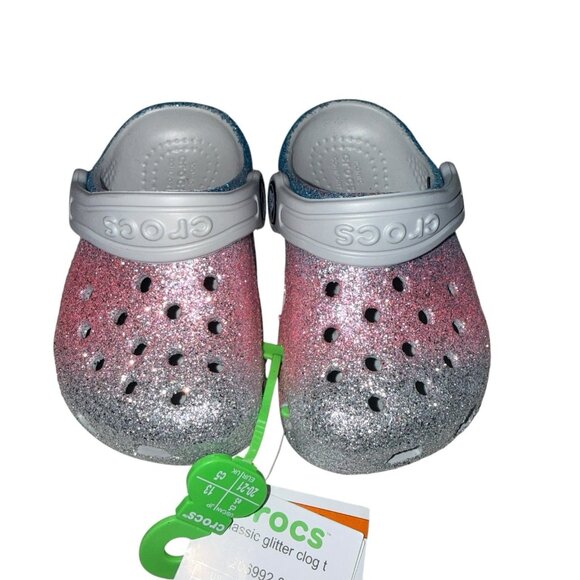 CROCS Classic Toddler size 5 Glitter Ombré Pink Blue Silver Clogs New 206992-0ZT - Picture 3 of 5